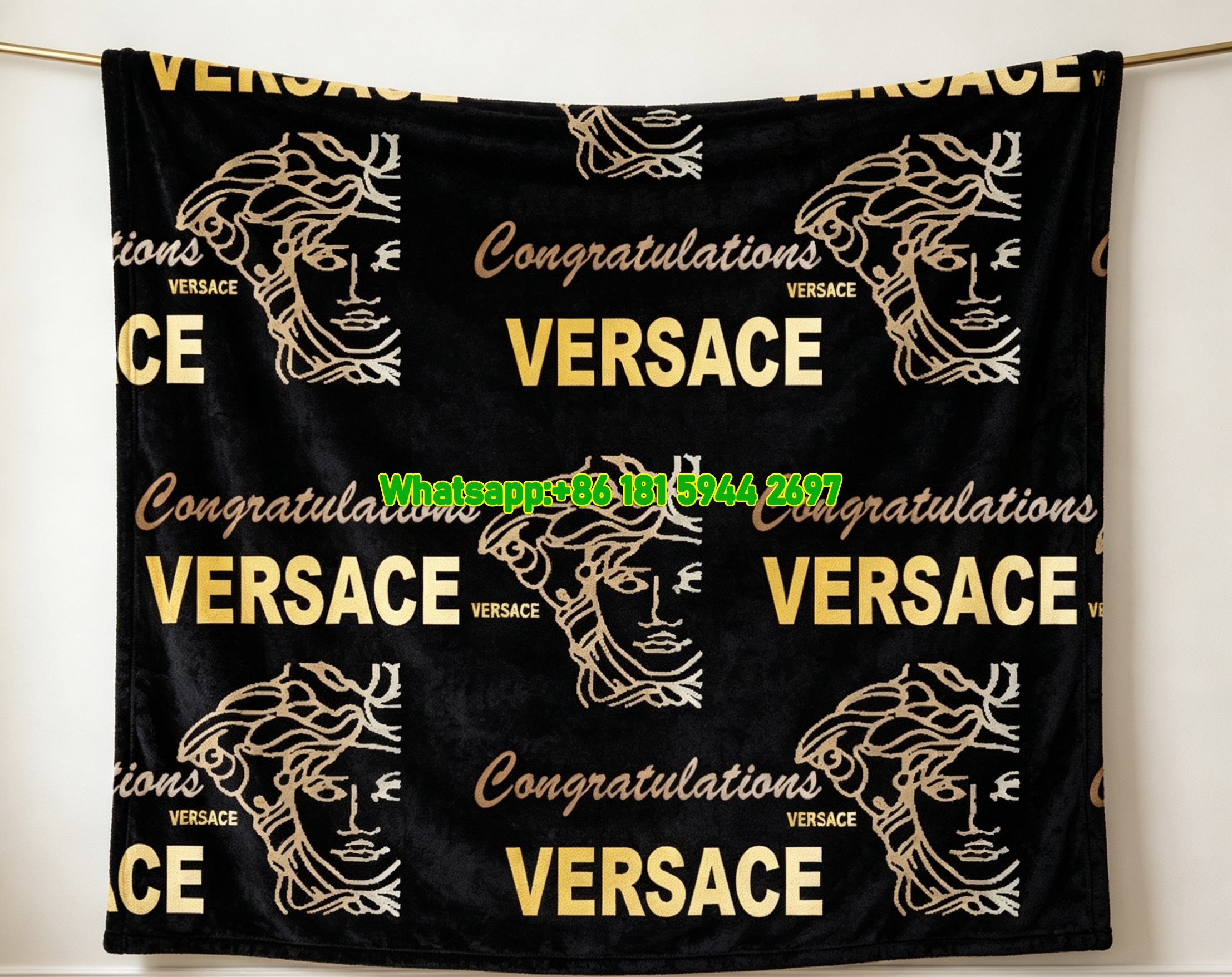 Versace Black Gold Medusa Head Print Flannel Sofa Throw Blanket IMG_1348